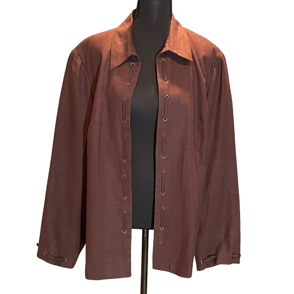 JM Collection Woman Brown 100% Linen Lace Up Grommet Jacket Plus 18W Lagenlook